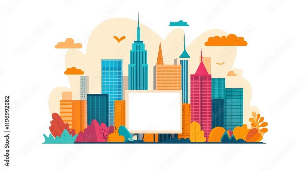 Poster colorful city skyline illustration with empty space for text and graphics in a modern flat design st
