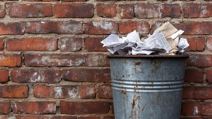 Obraz premium Trash bin with crumpled paper in front of a brick wall