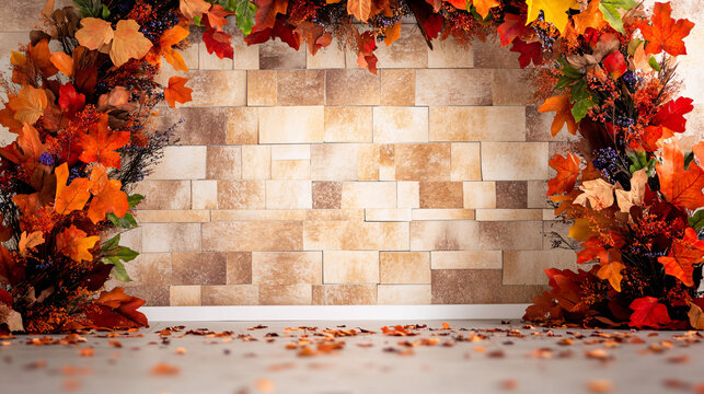 beautiful autumn themed backdrop featuring vibrant orange and red leaves framing textured stone wall. Perfect for seasonal events and photography - Powered by Adobe