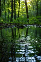 Naklejka premium Vortex of circles in a tranquil pond, their reflections creating a serene pattern on the water's surface, surrounded by lush greenery.