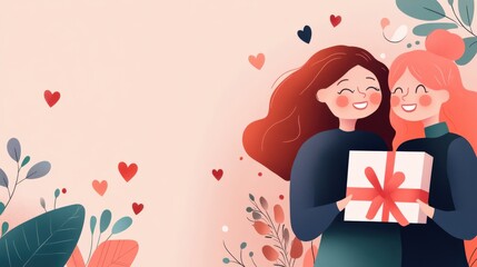 Two joyful friends celebrating with a gift surrounded by floral elements and colorful hearts in a soft background