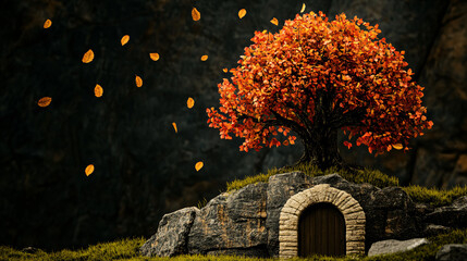 Obraz premium vibrant orange tree with falling leaves stands on rocky hill, next to stone door. scene evokes sense of tranquility and wonder in fantasy landscape