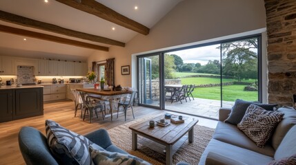 Fototapeta premium A spacious open-plan living area with large glass doors. 