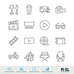 Cinema, movie theater related vector line icon set isolated on white. Pixel perfect design. Editable stroke. Adjust line weight. Expand to any size. Change to any color.