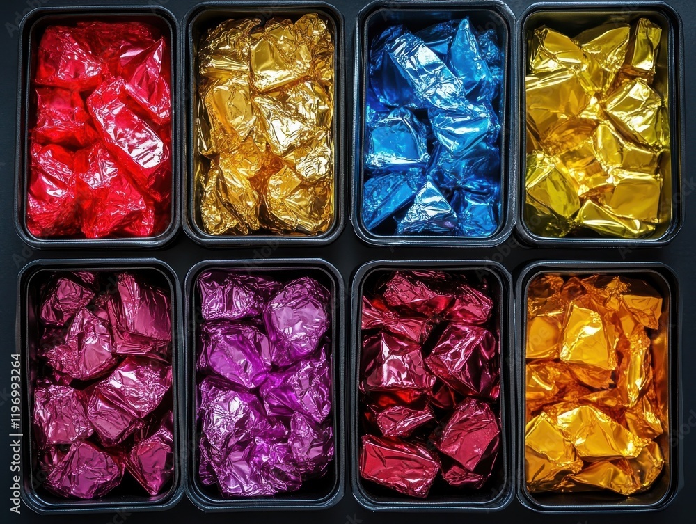 Aufkleber colorful wrappers of candies packed neatly in black containers displaying a vibrant array of texture