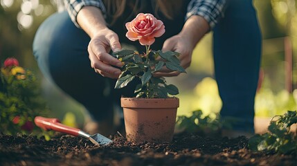 Couple�s Hands Planting a Flower Together for a Symbolic Romantic Gesture