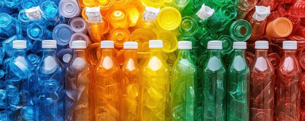 A vibrant display of colorful plastic bottles arranged in a gradient from blue to red, showcasing the diversity of recyclable materials.