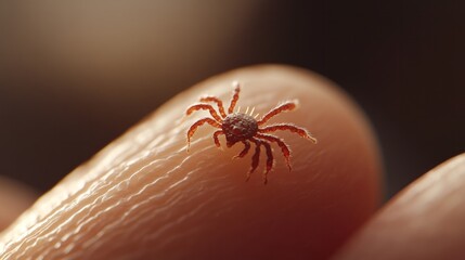 A small spider rests on the surface of a fingertip, showcasing intricate details of its body and legs. Soft light highlights the textures of both the arachnid and skin, creating a striking contrast