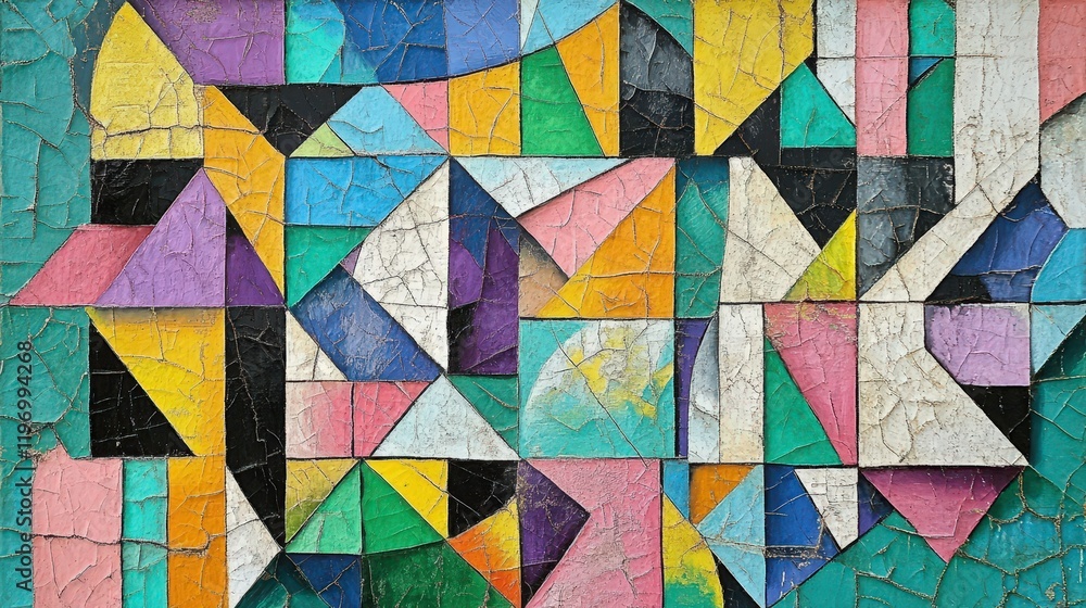 Poster colorful geometric shapes and patterns in a vibrant mosaic style with bold colors and unique texture