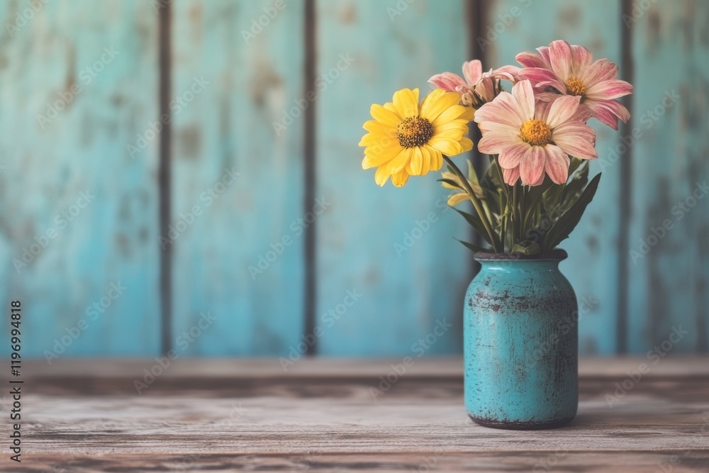 Poster Colorful wildflowers arranged in a blue vase on a rustic wooden table with a textured background suitable for text placement. Generative AI