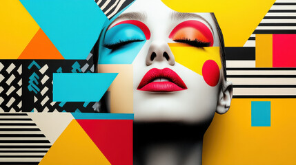 Person pop art style, A bold frontal portrait of a woman with bright makeup, showcasing high fidelity and artistic quality, ideal for commercial use and stock image purposes.
