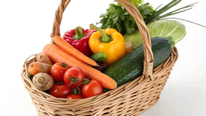 raw vegetables in wicker basket isolated on white