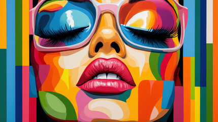 Person pop art style, A striking frontal portrait of a woman featuring bright colors in high fidelity, suitable for various commercial applications and artistic projects.