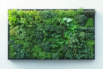 A lush green vertical garden featuring various plants, showcasing a vibrant arrangement of foliage in a modern frame.