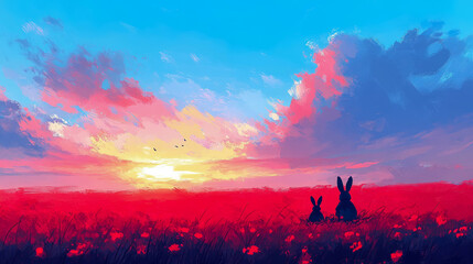 Fototapeta premium Sunset Landscape with Two Bunnies in a Red Field: A Digital Painting