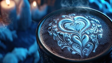 Steaming hot chocolate with heart latte art.