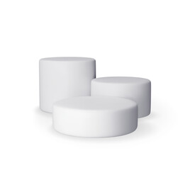 3D grey cylinder podium isolated. Stage for product presentation with shadow. Empty stage round podium. Minimal white scene. Pedestal 3D platform. Realistic vector illustration
