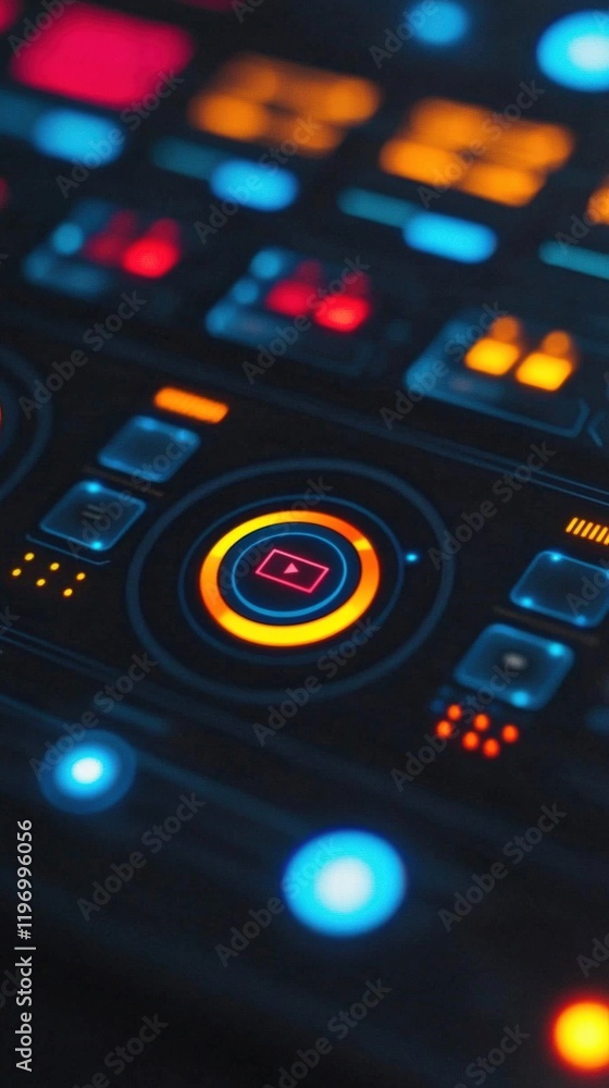 Poster abstract close-up of modern electronic music production controller interface with colorful buttons a