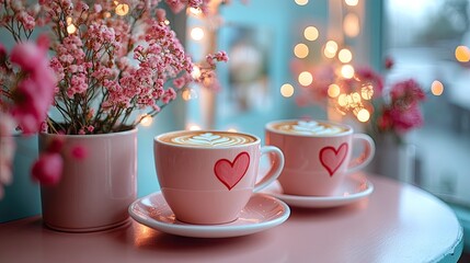 Fototapeta premium Heart-Shaped Latte Art on Coffee Cups with Soft Pink and Cream Background