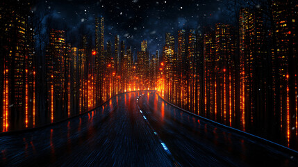 futuristic cityscape at night with glowing skyscrapers and wet road. scene is illuminated by bright lights, creating vibrant atmosphere amidst falling snow