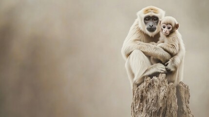 Obraz premium A heartwarming image of a mother monkey tenderly holding her baby on a weathered tree stump against a soft, muted background. The scene evokes feelings of love and protection.