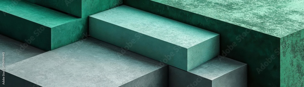 Poster a modern abstract composition featuring layered geometric blocks in shades of green and gray, showca