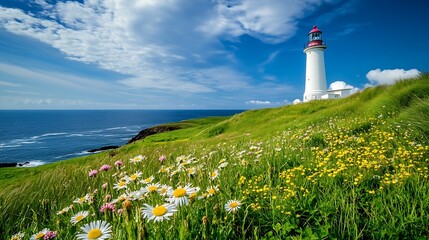 Coastal Lighthouse Amidst Blooming Wildflowers and Ocean