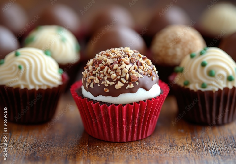Poster delicious assortment of handcrafted chocolate truffles with different toppings featuring nuts and sw