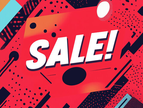 Buntes grafisches Sale-Design mit auffälliger Typografie auf rotem Hintergrund

