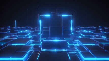 Abstract Digital Cityscape: Neon Blue Glowing Cubes and Lines