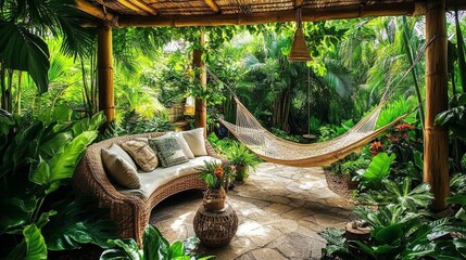 Obraz premium A tropical outdoor patio with bamboo furniture, a hammock, and lush greenery surrounding the space. 