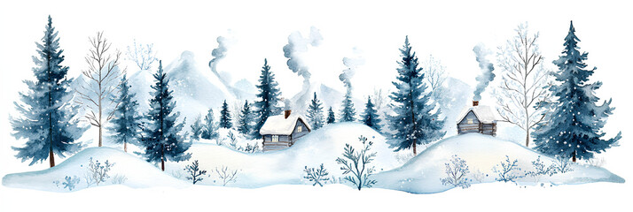Fototapeta premium Watercolor Winter Landscape with Snow-Covered Forest and Snowflakes