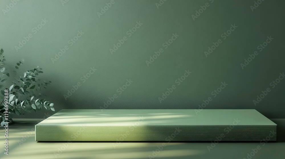 Poster a minimalist display area with soft lighting, featuring a textured surface against a muted green bac
