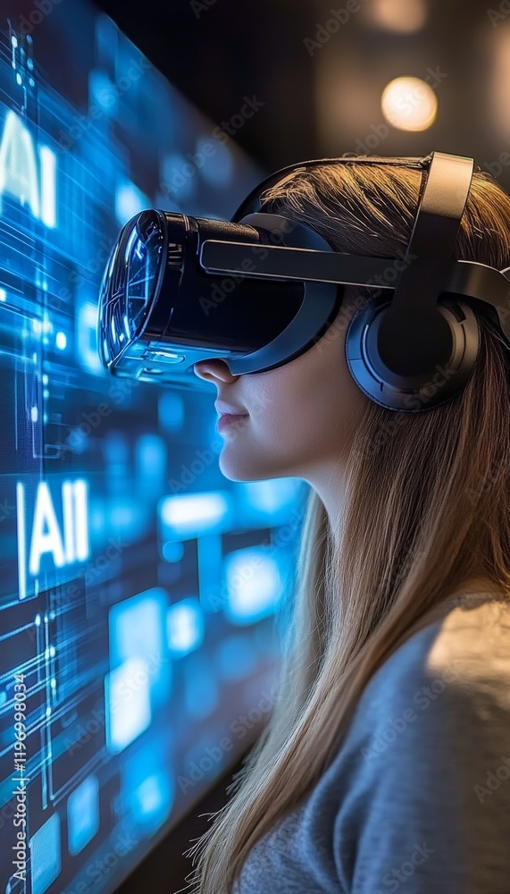 Poster woman experiencing virtual reality, immersed in futuristic ai interface with data and code