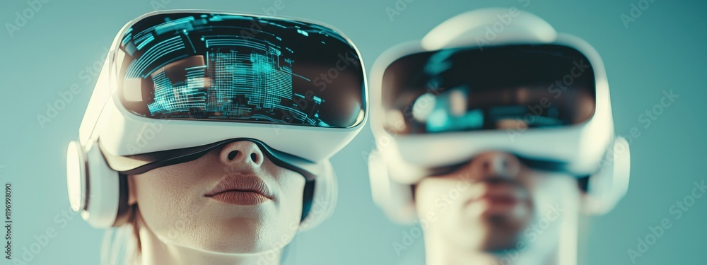 Aufkleber two individuals engaged in virtual reality experience with high-tech headsets and futuristic graphic