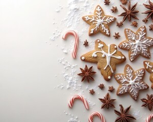 Fototapeta premium Deliciously decorated gingerbread cookies shaped like snowflakes and other festive designs arranged beautifully with candy canes and star anise on a light background