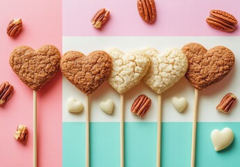 Deliciously Crafted Heart-Shaped Cookies on Sticks Surrounded by Pecans and Chocolate Treats in Soft Pastel Colors for Sweet Celebrations