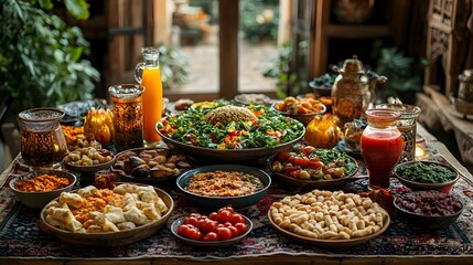 Obraz premium A traditional Nowruz feast served on a beautifully decorated Persian rug with vibrant dishes and drinks