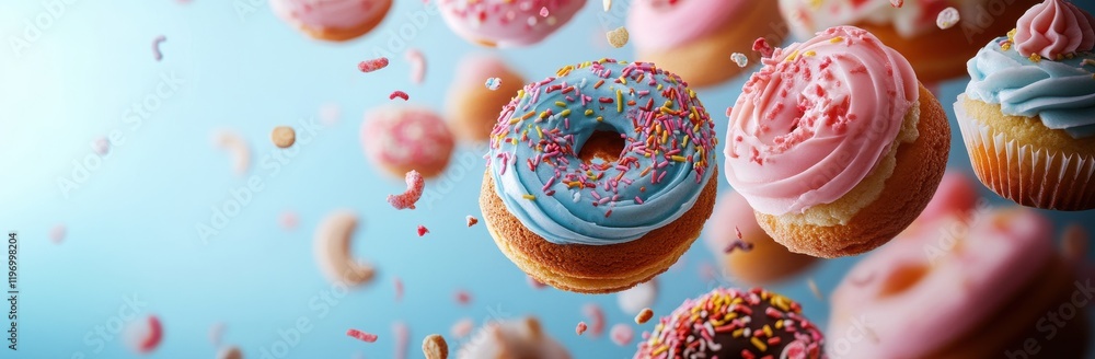 Poster delightful and colorful floating donuts with frosting and sprinkles on a bright turquoise background