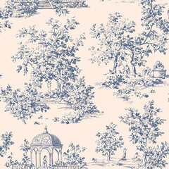 toile de Jouy design featuring an English garden scene