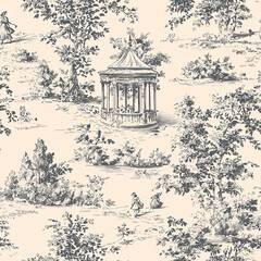 toile de Jouy design featuring an English garden scene