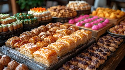 Fototapeta premium A close-up of traditional Persian sweets like baklava and pastries arranged on a Nowruz celebration table