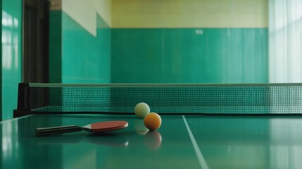 Ping pong rackets and a ball on a green table indoors.
