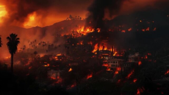 Massive wildfires consume the hills of Malibu in California, creating a harrowing display of fire and destruction in the Greater Los Angeles area. Residents evacuate as flames spread rapidly