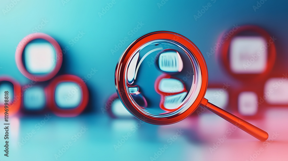 Poster minimalist illustration of a magnifying glass over a single word in a keyword cloud, emphasizing pre