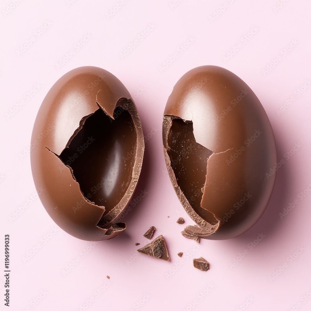 Poster elegant broken chocolate egg on soft pink background with pieces on surface creating a tempting conf