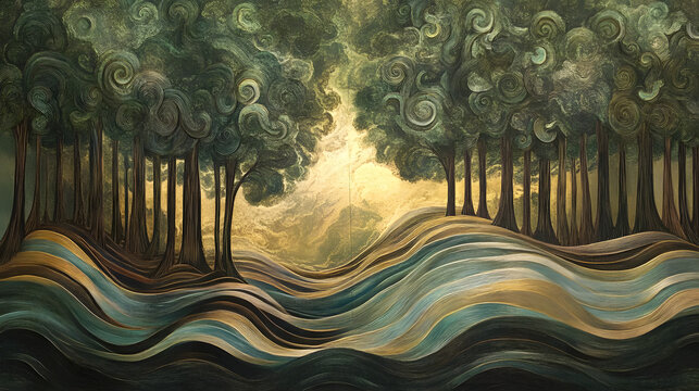 An abstract forest scene with flowing lines in shades of green, brown, and gold, evoking the feeling of dense foliage and sunlight filtering through the trees 