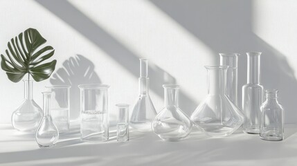 Laboratory glassware set on a white table.
