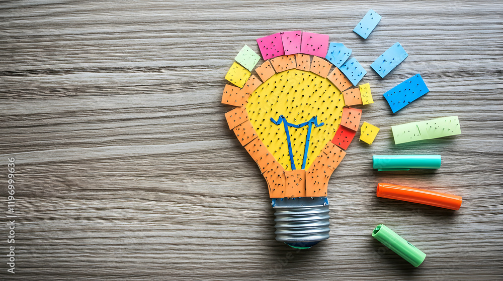 Poster a bright concept showing a light bulb shape created with push pins, markers and sticky notes on a wo
