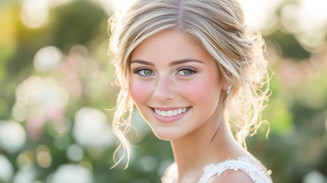 pretty bride in wedding dress smiling with soft light 